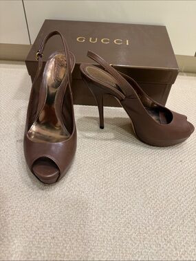 Gucci Chocolate Brown Peep-Toe Slingback Stiletto Heels